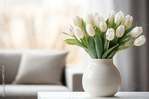 Bouquet of white tulips in a vase on the table,ai generated