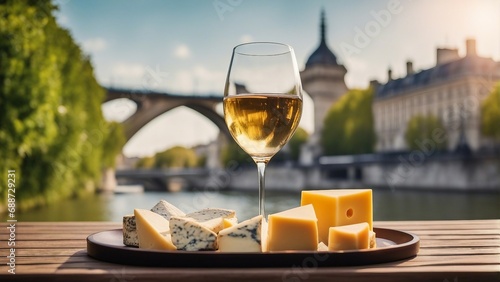 Fototapeta Naklejka Na Ścianę i Meble -  glass of wine and cheese by the river Seine, Paris city
