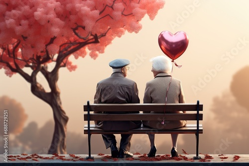 Un couple sénior sur un banc amoureux avec un ballon rouge photo