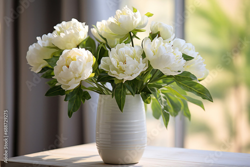 Vase with white peonies in the living room ai generated