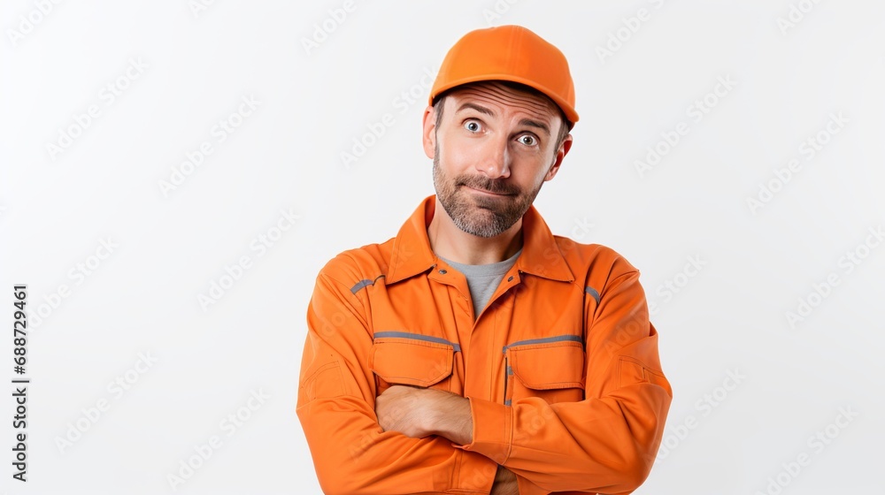 The craftsman was perturbed and amazed as he posed against the white wall. The craftsman was perturbed and amazed as he posed against the white wall.