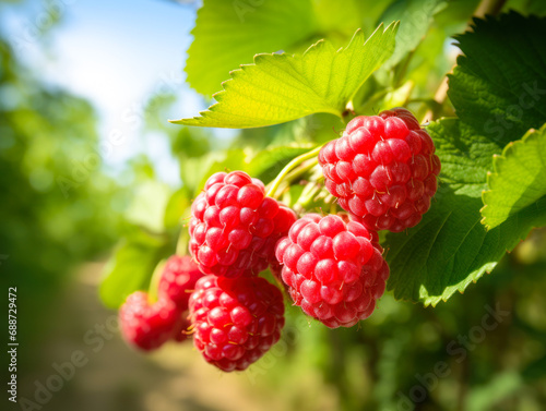 Fresh And juicy red raspberry on tree branch