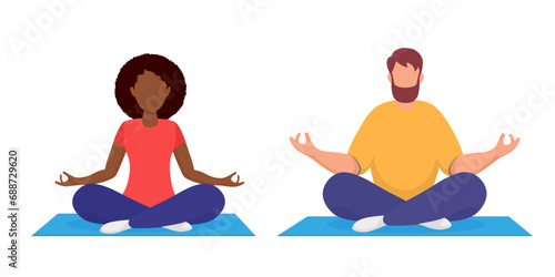Meditating man and woman. Isolated on a white background. Vector illustration. Flat style.