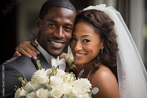 Happy smiling bride and groom, African American wedding couple photo