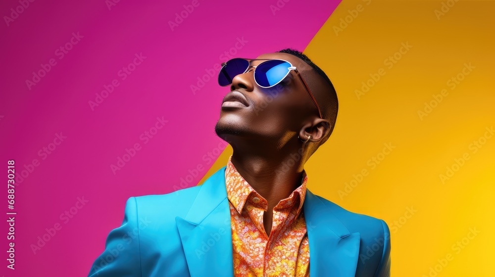 Obraz na płótnie Portrait of attractive male in colorful bright lights posing in studio, Portrait of Handsome man with dressing trendy on colorful background. w salonie