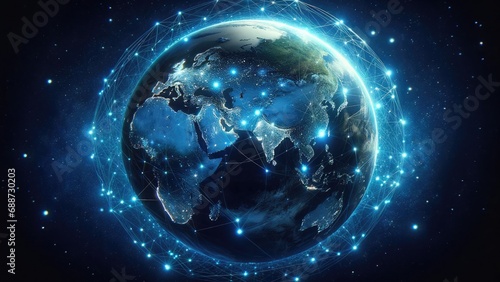 Fototapeta Naklejka Na Ścianę i Meble -  Connection lines glow light around the Earth's surface, future technology background with circles and lines. Internet, social media, travel, or logistical concepts.