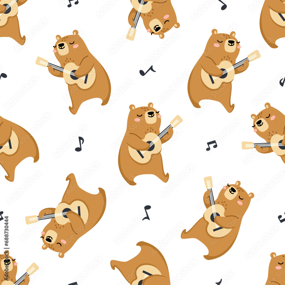 Fototapeta premium Seamless vector pattern on white background. Cute bear playing guitar, notes . Vector illustration