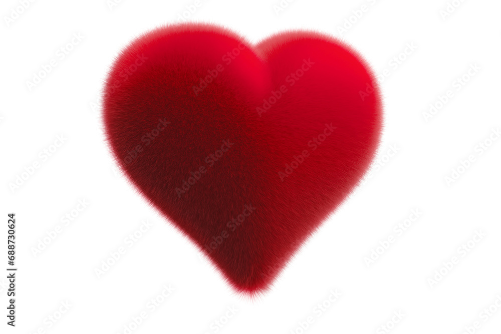 Red fluffy fur heart on a white background. 3d rendering