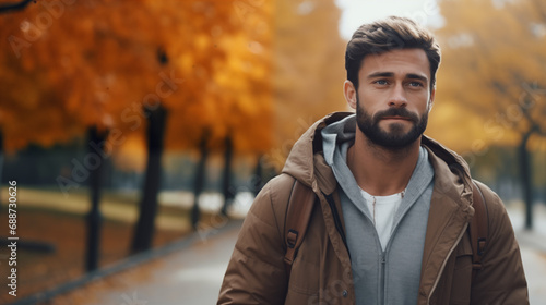 Beautiful male walks in the autumn park. Scenic autumn landscape, fall foliage. Outdoor activities. Autumn walk in nature. Enjoy the weather and fresh air. Travel and exploration. Generated AI