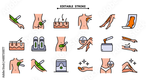 Waxing linear icons set. Bikini, leg, armpit, buttocks hair removal. Hot wax in jar with spatula
