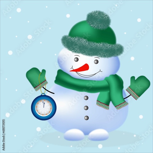 Cute white snowman holding a clock