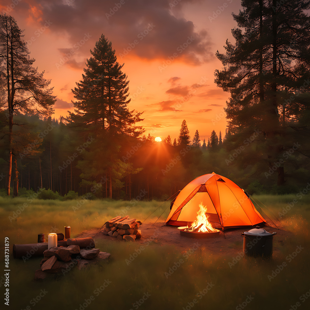 A tranquil forest campsite shows a tent nestled in a green meadow near a fire pit cooking gear under an orange sunset sky, inviting outdoor relaxation