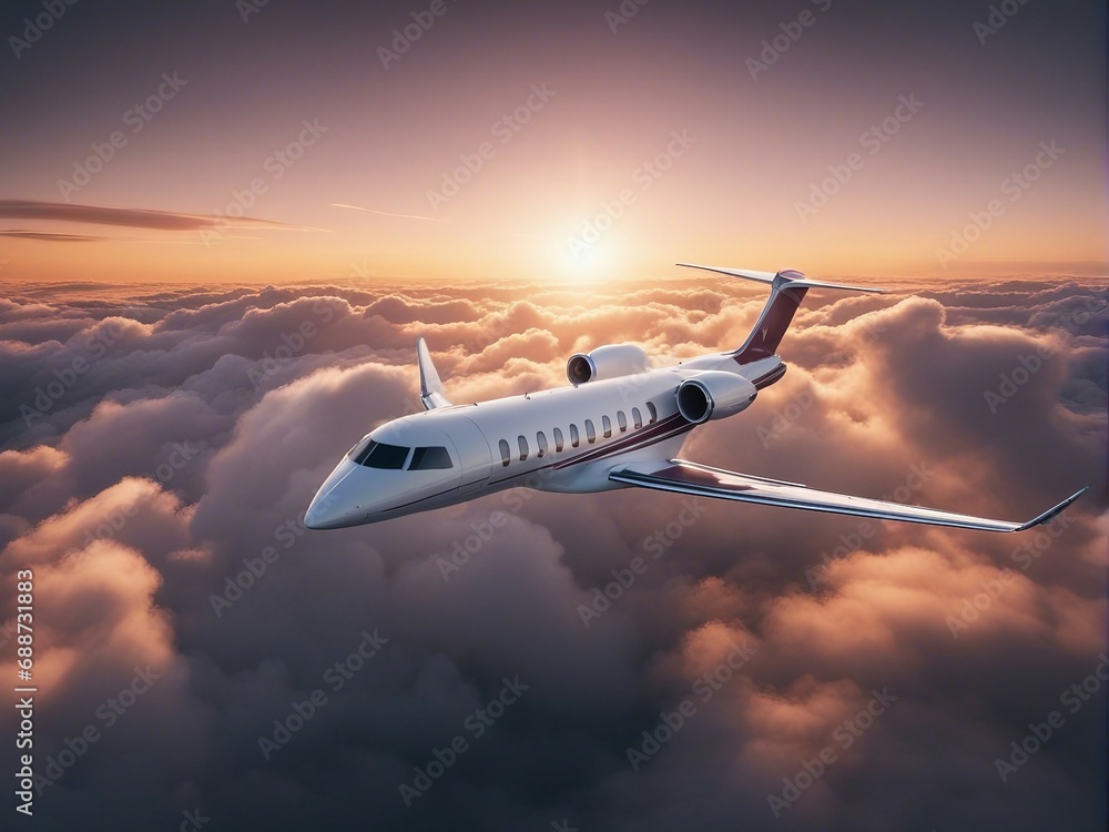 Fototapeta premium private jet plane flies through clouds at sunset 