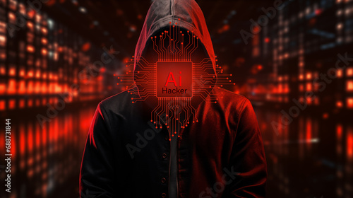 Cybersecurity Ai and privacy concepts to protect data. Internet network security technology. Ai Hacker hoodie dark theme. AI technology hacker. concept Cybersecurity AI Artificial Intelligence.