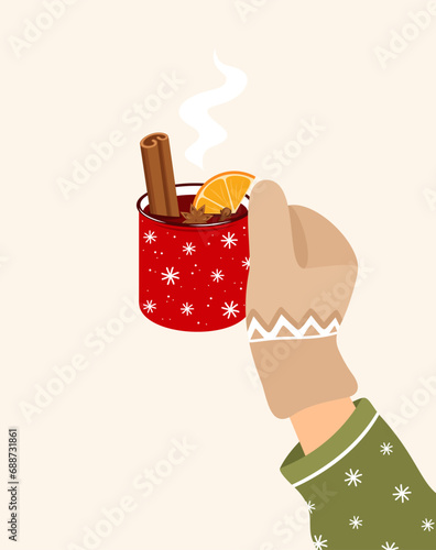 Hand in mitten holding red cup of mulled wine with cinnamon, orange, anise and cloves. Hot winter drink. Flat vector illustration