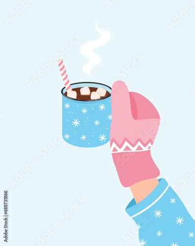 Hand in pink mitten holding blue cup of hot chocolate drink with marshmallow. Hot winter drink. Flat vector illustration