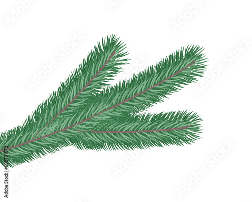 The realistic branch of the Christmas tree is isolated on a white background. Flat vector illustration