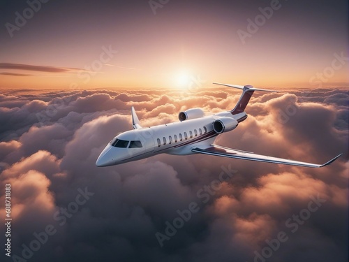 private jet plane flies through clouds at sunset 
