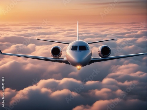 private jet plane flies through clouds at sunset 
