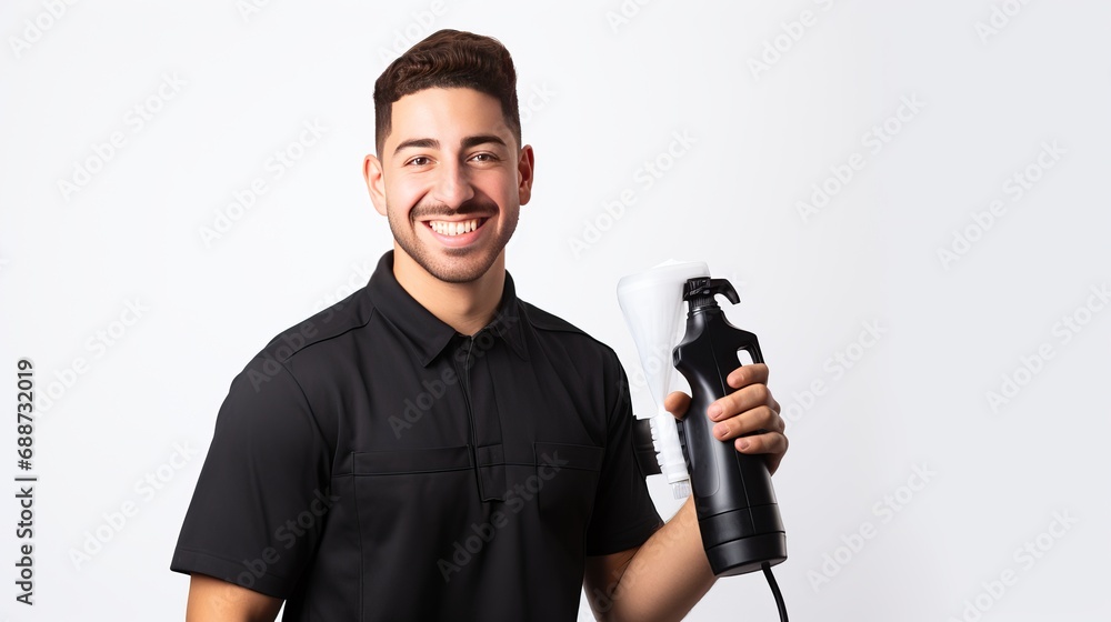 A barber in a uniform with a comb and spray bottle is isolated on a white background and has a sense of joy. A barber in a uniform with a comb and spray bottle is isolated on a white background and has a sense of joy.