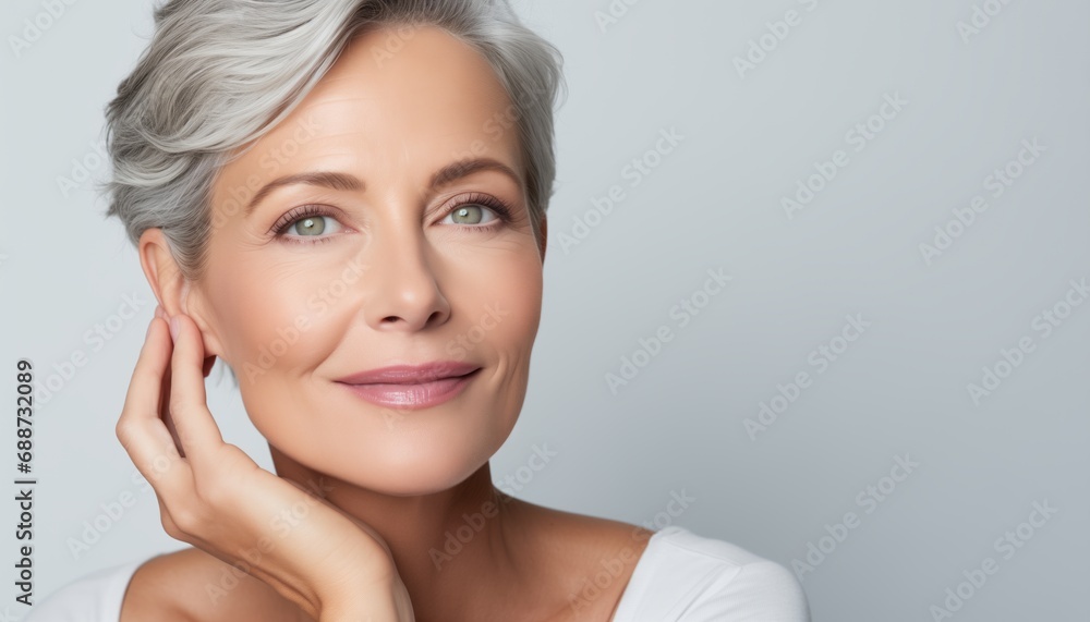 Happy middle-aged woman posing on white background, touching face, Portrait of sophisticated senior woman advertising beauty products and services Happy middle-aged woman posing on white background, touching face, Portrait of sophisticated senior woman advertising beauty products and services