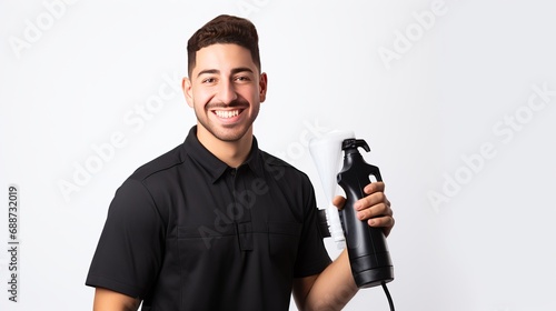 A barber in a uniform with a comb and spray bottle is isolated on a white background and has a sense of joy.