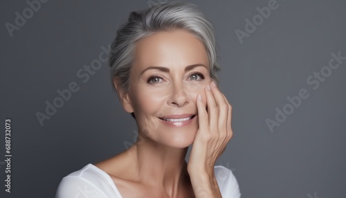 Happy middle-aged  woman posing on gray background, touching face, Portrait of sophisticated senior woman advertising beauty products and services