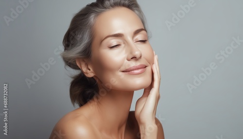 Happy middle-aged woman posing on gray background, touching face, Portrait of sophisticated senior woman advertising beauty products and services