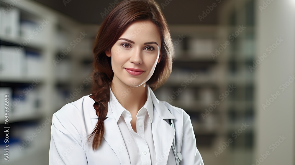 A healthcare, medicine, and pharmacy concept featuring a female doctor who smiles while holding a stethoscope and pills.