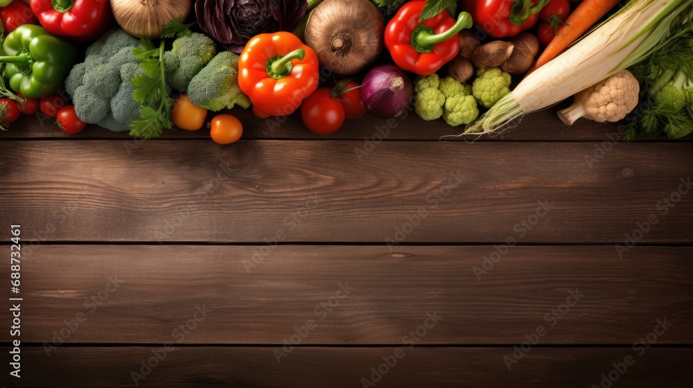A variety of fresh vegetables are framed on an old oak floor with space in the middle for text. A variety of fresh vegetables are framed on an old oak floor with space in the middle for text.