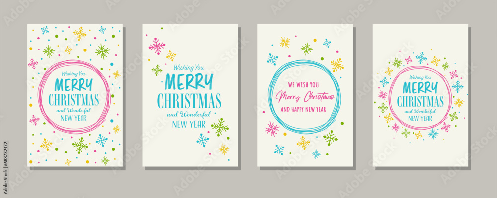 Christmas greeting card set with hand drawn snowflakes. Vector illustration
