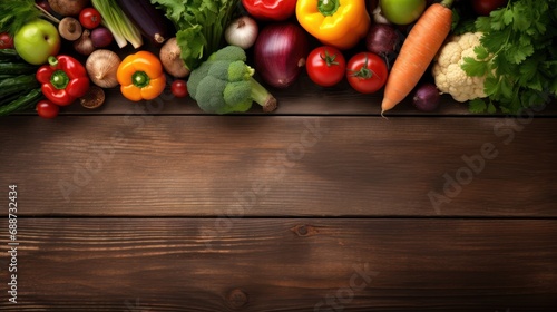 A variety of fresh vegetables are framed on an old oak floor with space in the middle for text.
