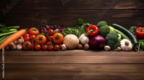 A variety of fresh vegetables are framed on an old oak floor with space in the middle for text.
