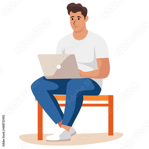 Flat vector illustration. Young man working at a laptop. . Vector illustration