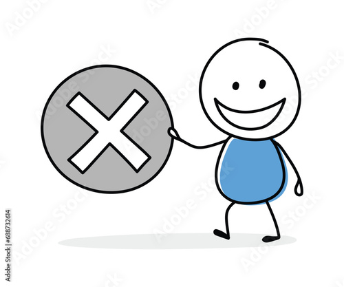 Funny cartoon stickman holding x mark icon. Hand drawn design for a business presentation. Vector illustration
