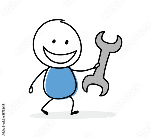 Hand drawn wrench tool symbol. Funny concept with a stickman holding icon. Cartoon style design. Vector illustration
