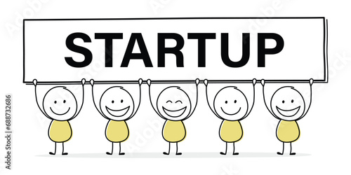 Happy stickman with text on a board - start up. Business concept. Vector
