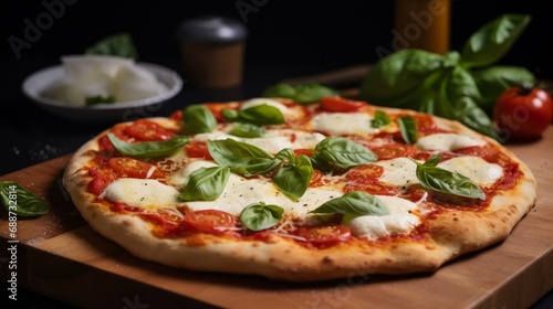 A freshly made Italian Pizza Margherita topped with buffalo mozzarella and basil leaves, embodying the traditional flavors of Italy.