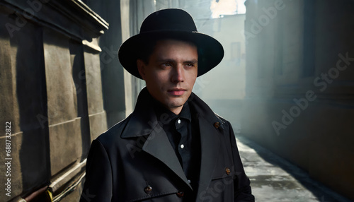 Portrait of a man in a vintage coat and hat in noir style.
