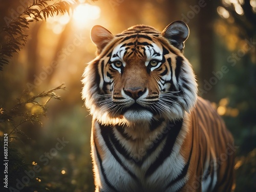tiger looking towards the camera in the forest, sunset, sun at the back  © abu
