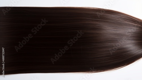 A white background is used to isolate long, straight, smooth, and glossy female hair.