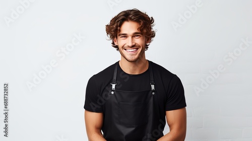 A young hairdresser in an apron with a hairbrush and scissors is standing over a white wall, looking forward and smiling.