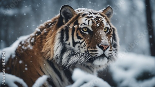 tiger looking towards the camera in the snowy weather in the forest, snowing, sun at the background 