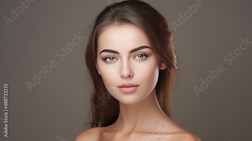 The concept of beauty is being explored in this modern studio setting where a caucasian woman is posing with cosmetics on her face.