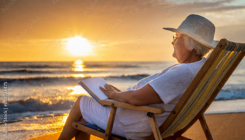 Elderly woman with book on seaside lounger