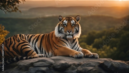 tiger on the rocky hill watching the forest, sunset, with copy space 