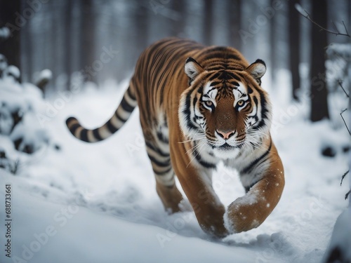 tiger running towards the camera in the snowy weather in the forest, snowing, sun at the background 