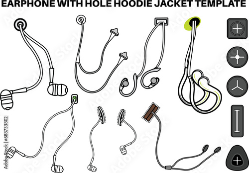 Earphone jack hole port sew on jacket and backpack bag flat sketch vector illustrator. Set of Headphone rubber port hole patch for bags, back backs, jackets, Shorts.