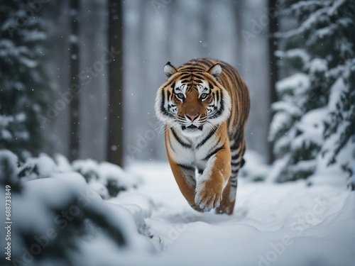 tiger running towards the camera in the snowy weather in the forest

