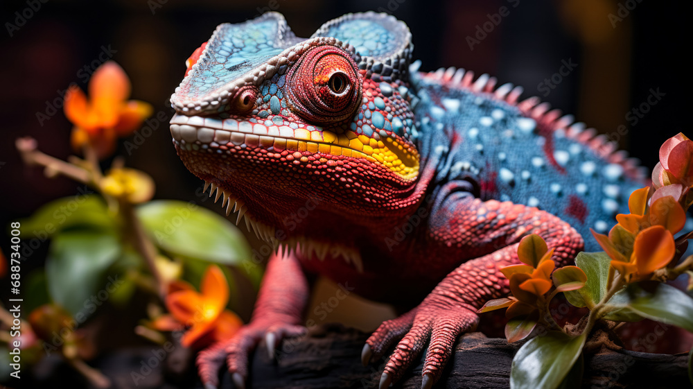 Obraz premium Close-up portrait of a chameleon on a colorful tree branch, color changing lizards, advertising photo for a clinic or poster about reptiles